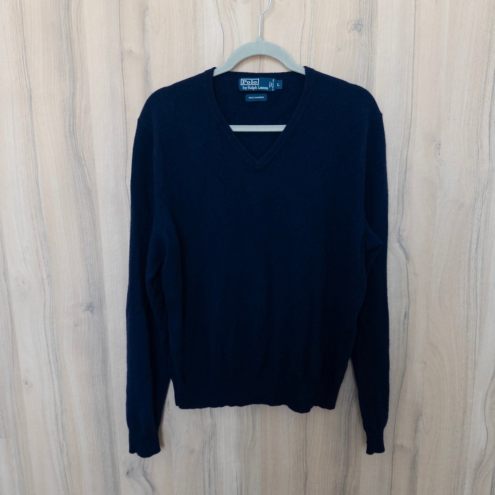 Ralph Lauren Womens Cashmere V-Neck Sweater L Navy Quiet Luxury Old Money Preppy